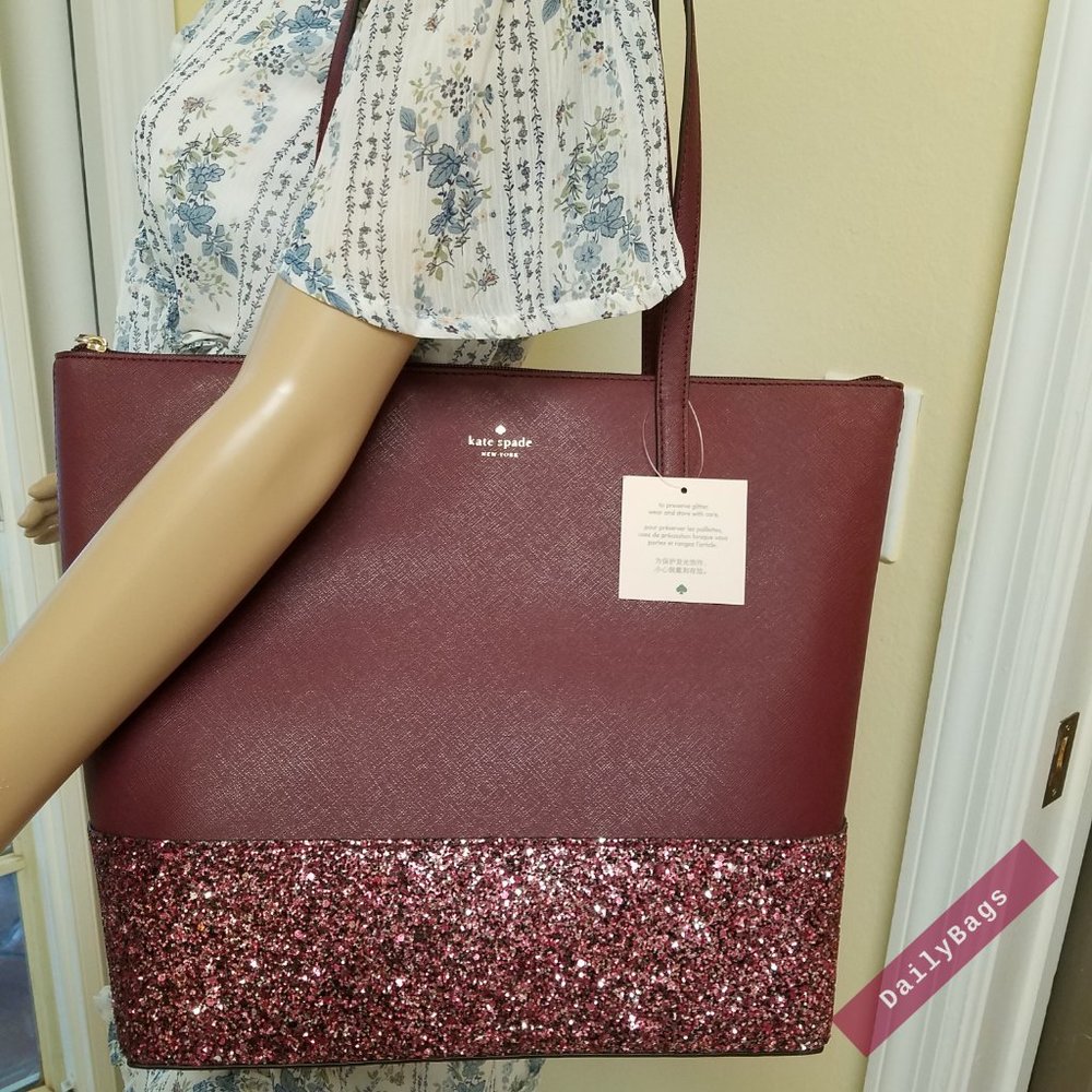 KATE SPADE PENNY GLITTER GRETA TOTE CHERRYWOOD - Picture 1 of 10